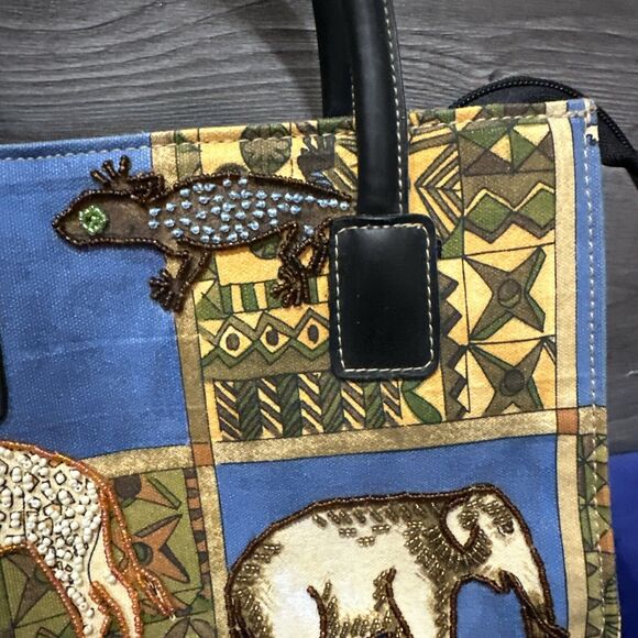 African Animals Handbag Purse Small/Cross Body Beaded Safari Neutral Tan Blue - Picture 4 of 11